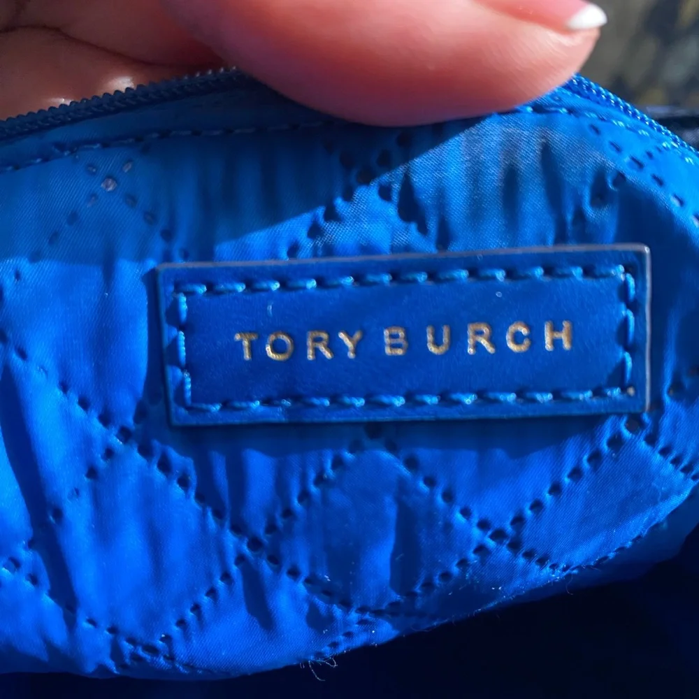 Tory Burch Navy Backpack with Tan Top Handle and Blue Trim